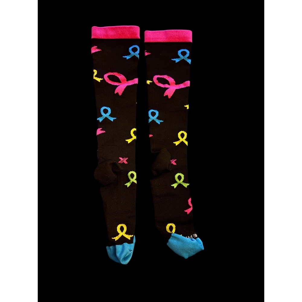 Extreme Fit Compression Socks Knee High Cancer Awareness Ribbons Black Socks